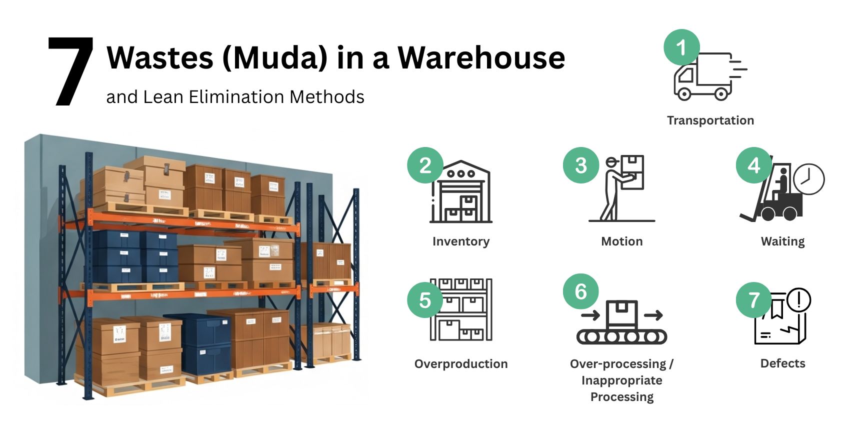 An infographic explaining the seven types of waste (Muda) in a warehouse, with icons for each category, and outlining the corresponding Lean methods for their elimination.
